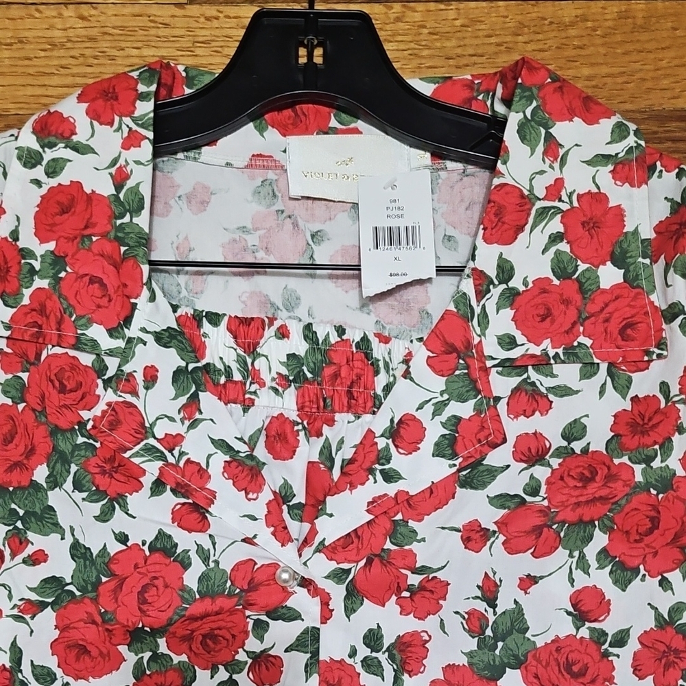 Vibrant Red Floral Blouse Pajama Set